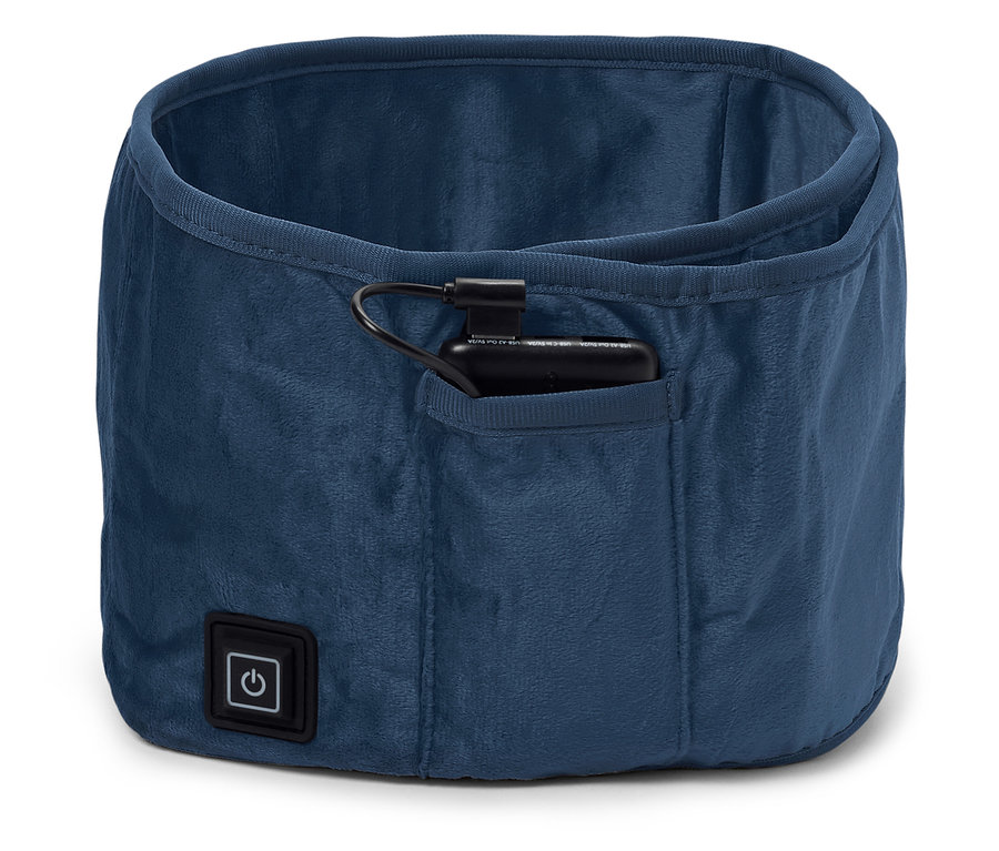 Niebieski podgrzewany ocieplacz na szyję z zasilaczem w kieszeni.