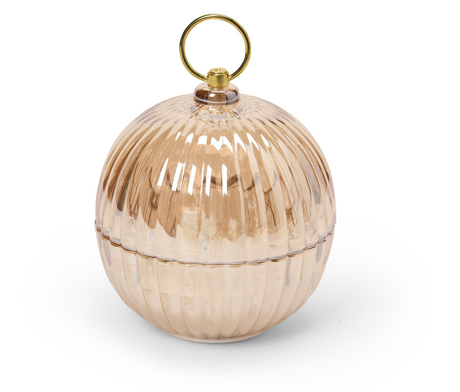 Dekoracyjny szklany pojemnik w kształcie kuli z rowkowaną powierzchnią i złotym uchwytem.