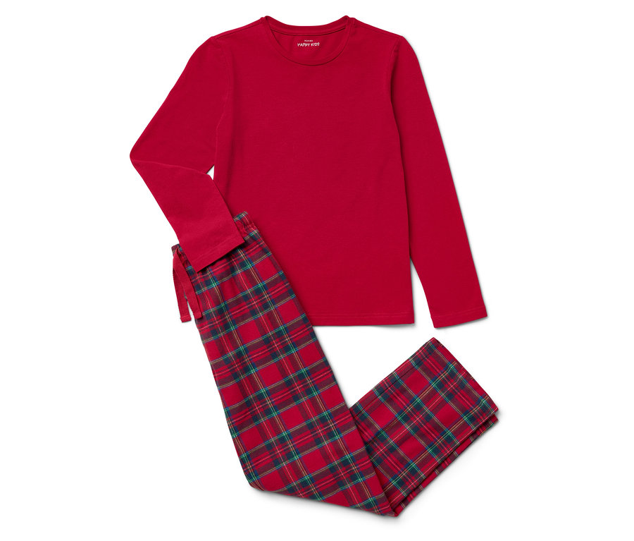 Czerwona piżama z długim rękawem i spodnie w kratę leżą na białym tle.