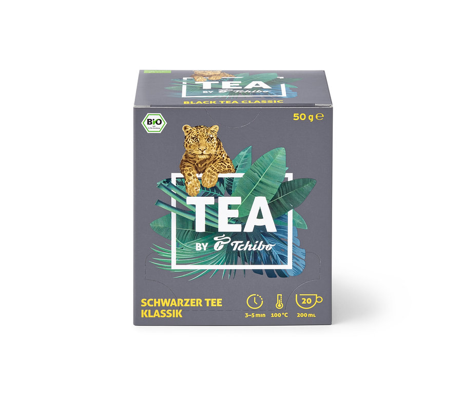Opakowanie BIO TEA by Tchibo Klasyczna 8x20x2,5 g. Na opakowaniu znajduje się obraz leoparda.