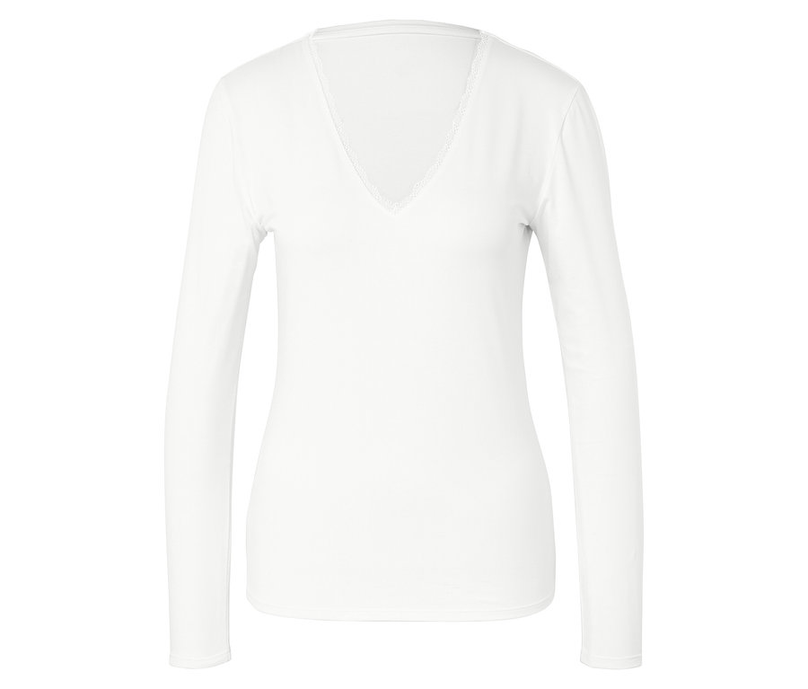 Biała bluzka z długim rękawem i dekoltem w serek.