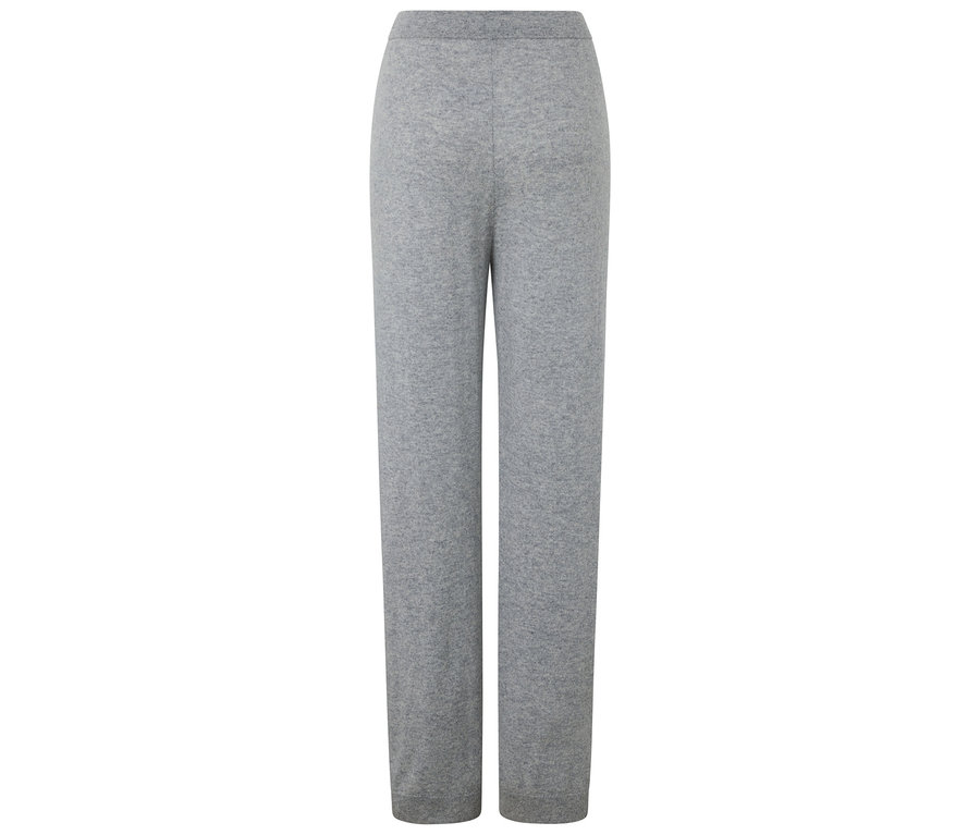 Szare dzianinowe spodnie do jogi, prezentowane na białym tle.