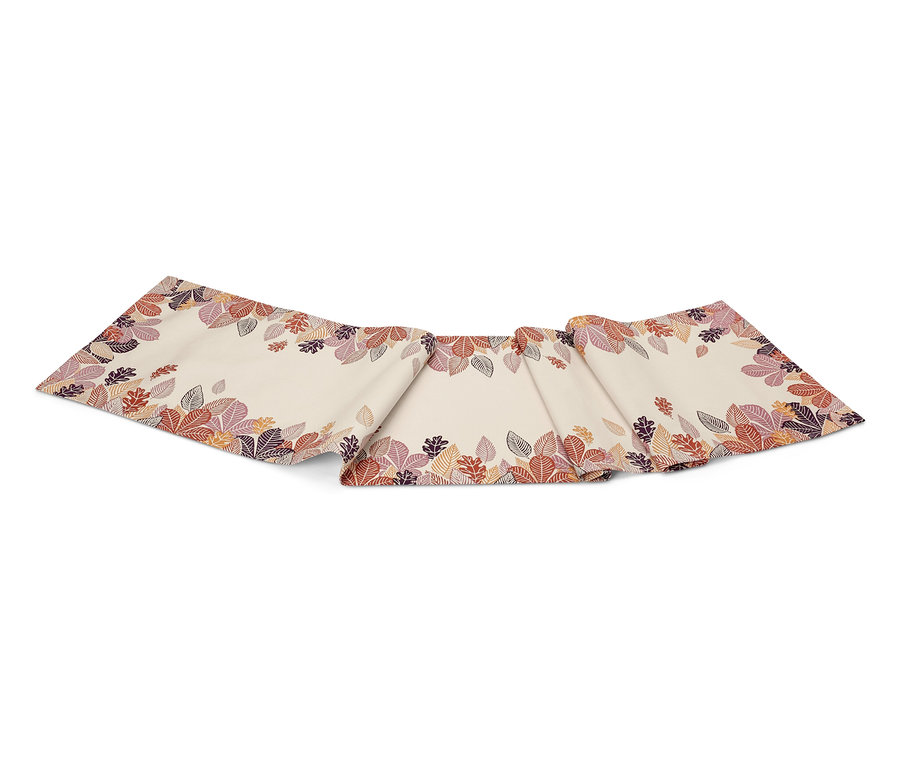 Beżowy bieżnik na stół z brzegami ozdobionymi fioletowymi i pomarańczowymi liśćmi.