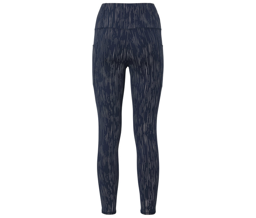 Granatowe legginsy z wysokim stanem i wzorem w pionowe linie.