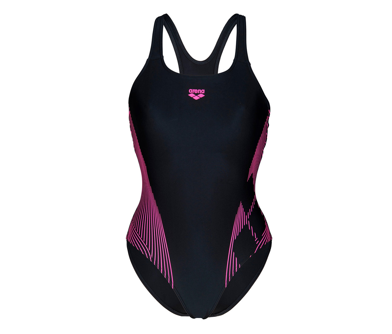 Czarny kostium kąpielowy arena Feel Lily Swim Pro Back z różowymi detalami.