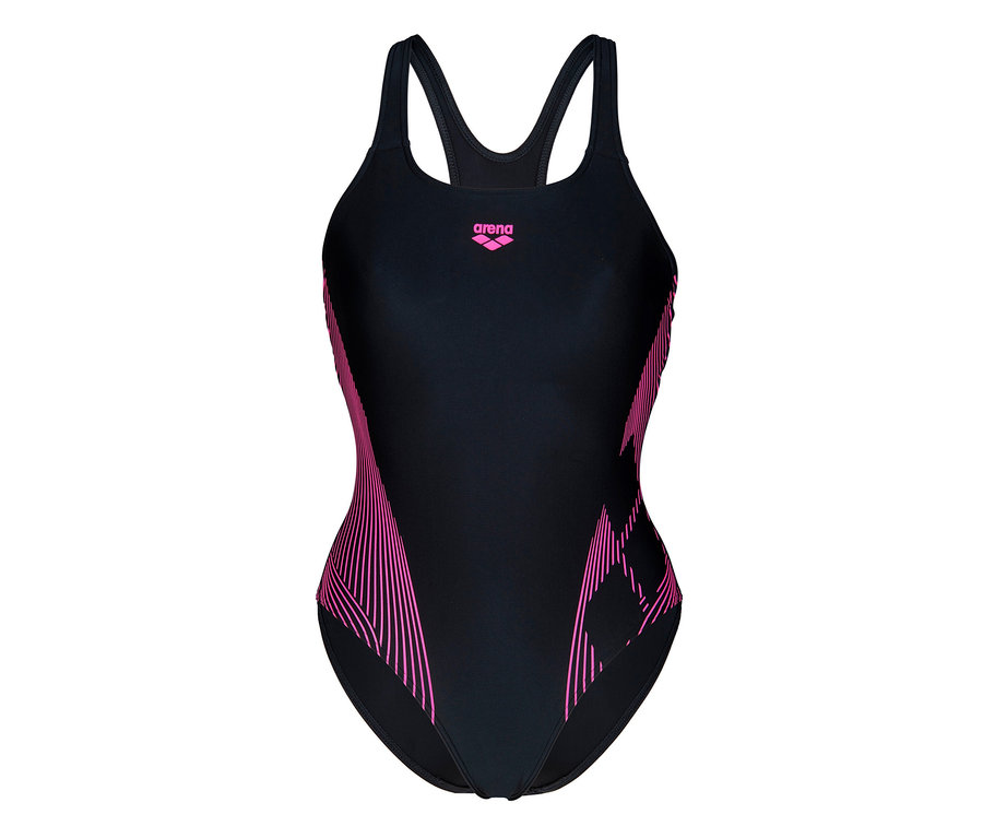 Czarny kostium kąpielowy arena Feel Lily Swim Pro Back z różowymi detalami.
