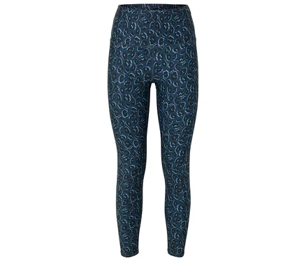 Niebieskie legginsy we wzór zwierzęcy.