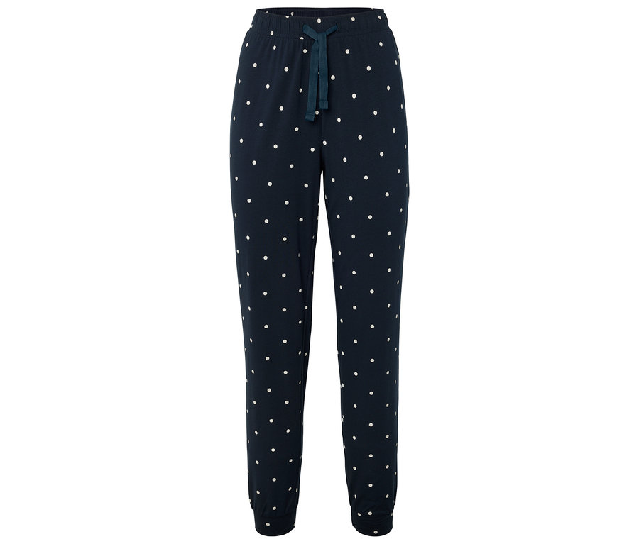 Granatowe spodnie dresowe w białe kropki ze sznurkiem.