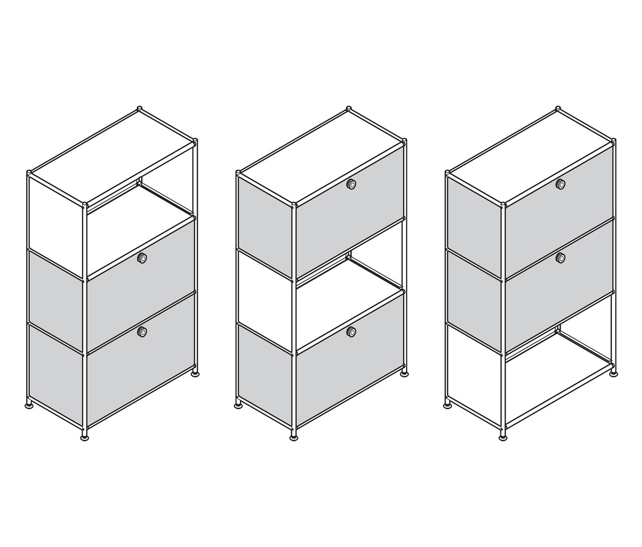 Trzy metalowe regały »CN3« z 2 komorami z klapami każdy.