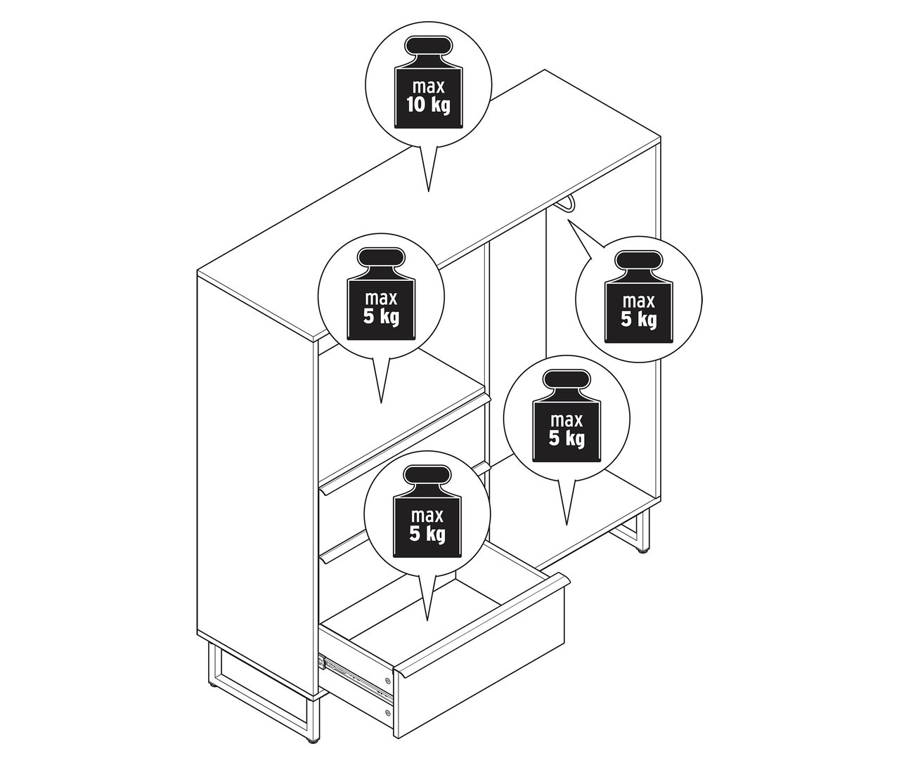 Schemat komody „LEEG” z 3 szufladami i drążkiem na ubrania ze wskazaniem maksymalnej wagi.