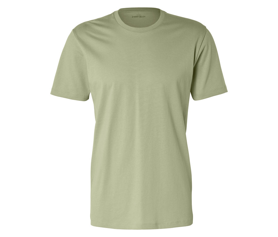 Jasnozielony T-shirt z okrągłym dekoltem leży płasko na białym tle.