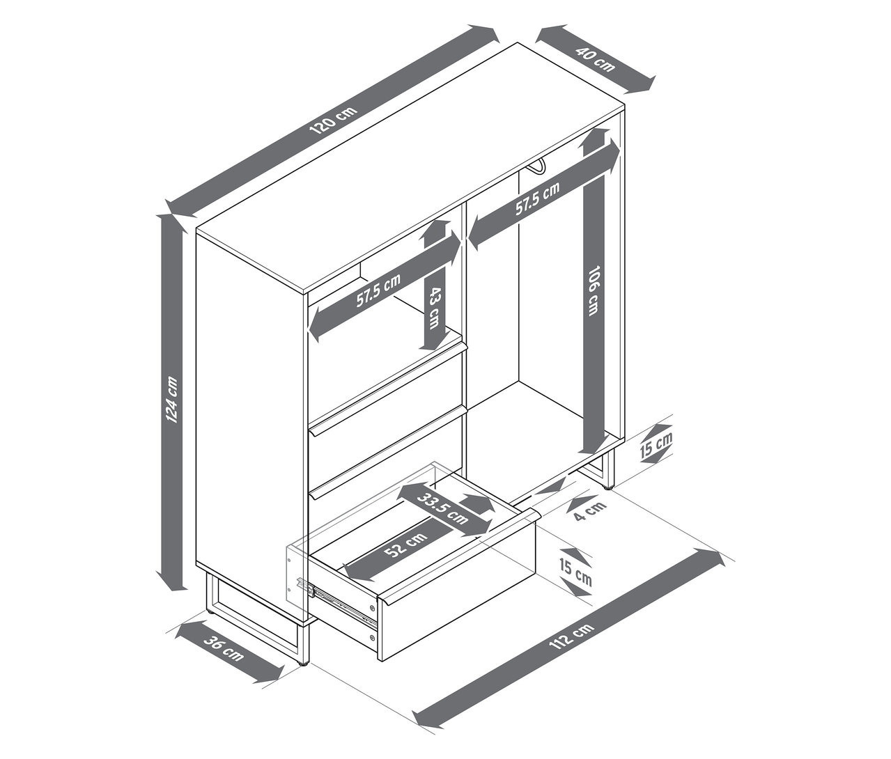 Na ilustracji komoda „LEEG” z 3 szufladami i drążkiem na ubrania, wraz z wymiarami.