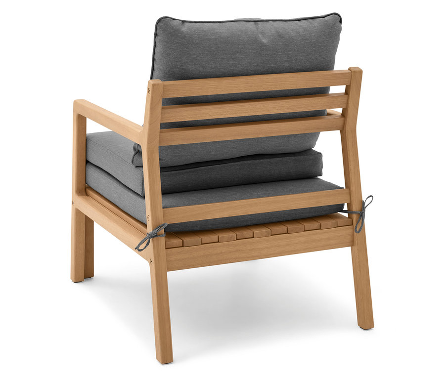 Widok z tyłu rozsuwanego fotela ogrodowego z szarymi poduszkami.