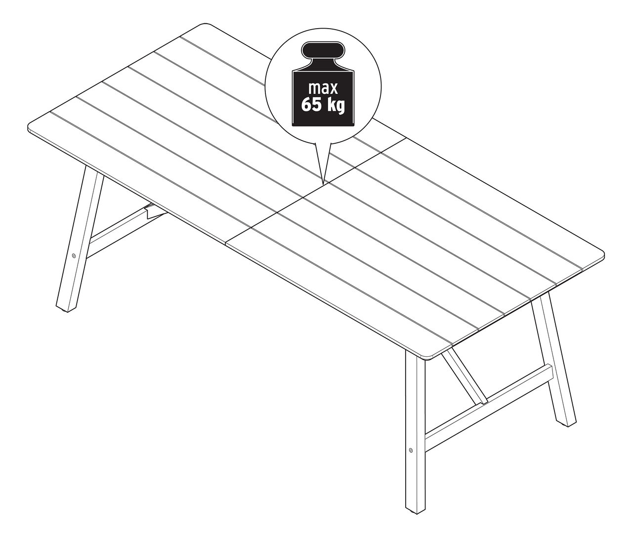Ilustracja rozkładanego stołu ogrodowego o rustykalnej konstrukcji, ok. 200-250 cm, o maksymalnym obciążeniu 65 kg.