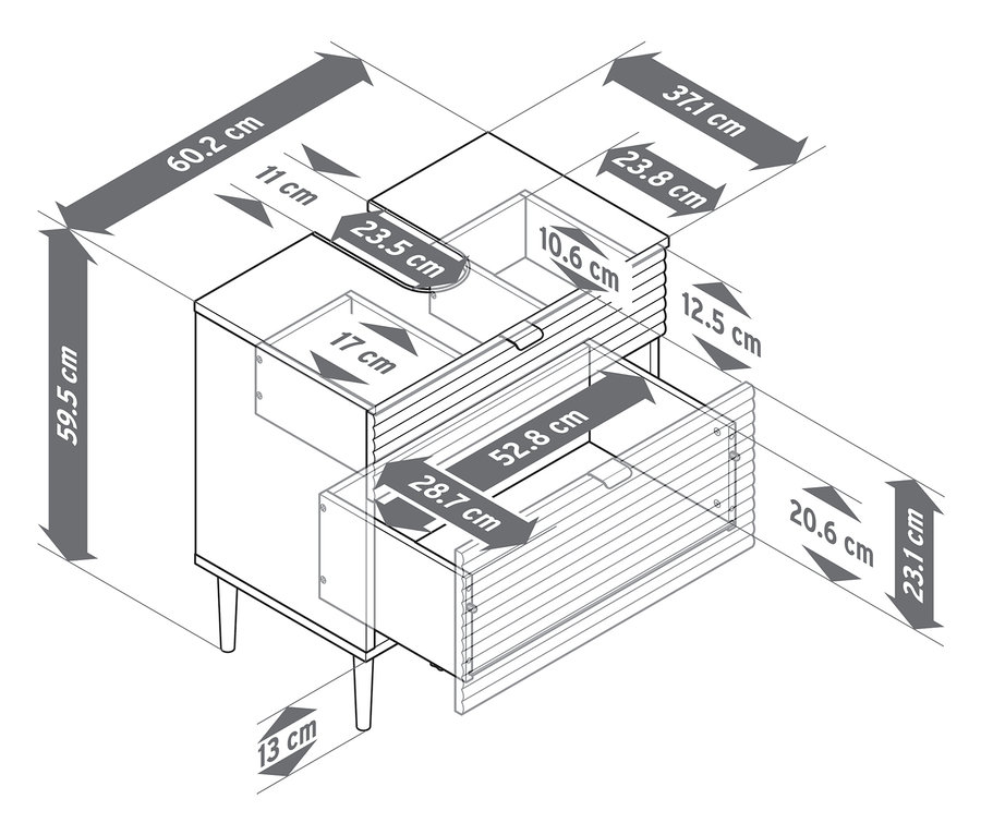 Wymiary szafki pod umywalkę „SONARI” z szufladami.
