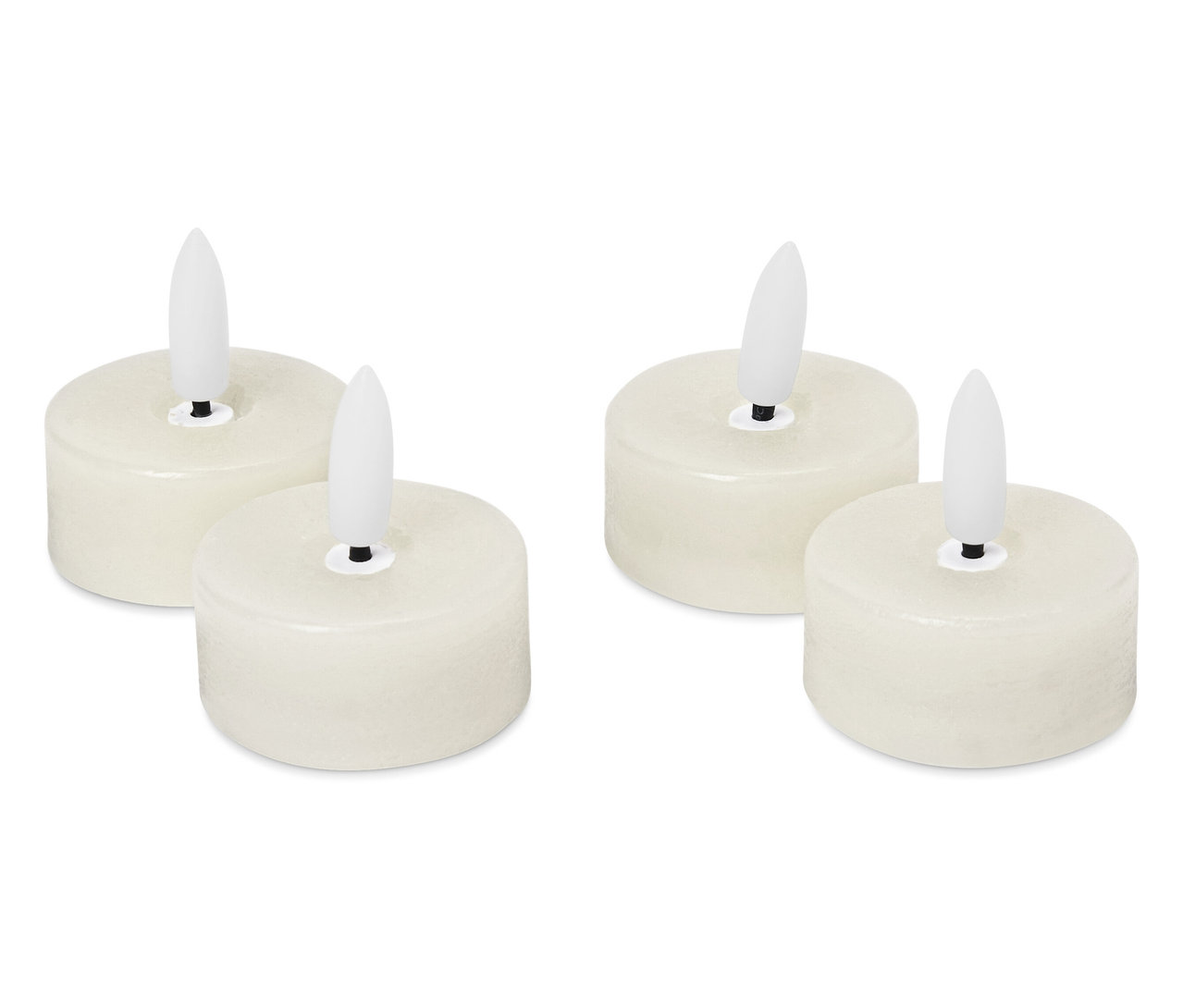 Cztery świeczki LED typu tealight z prawdziwego wosku na białym tle.