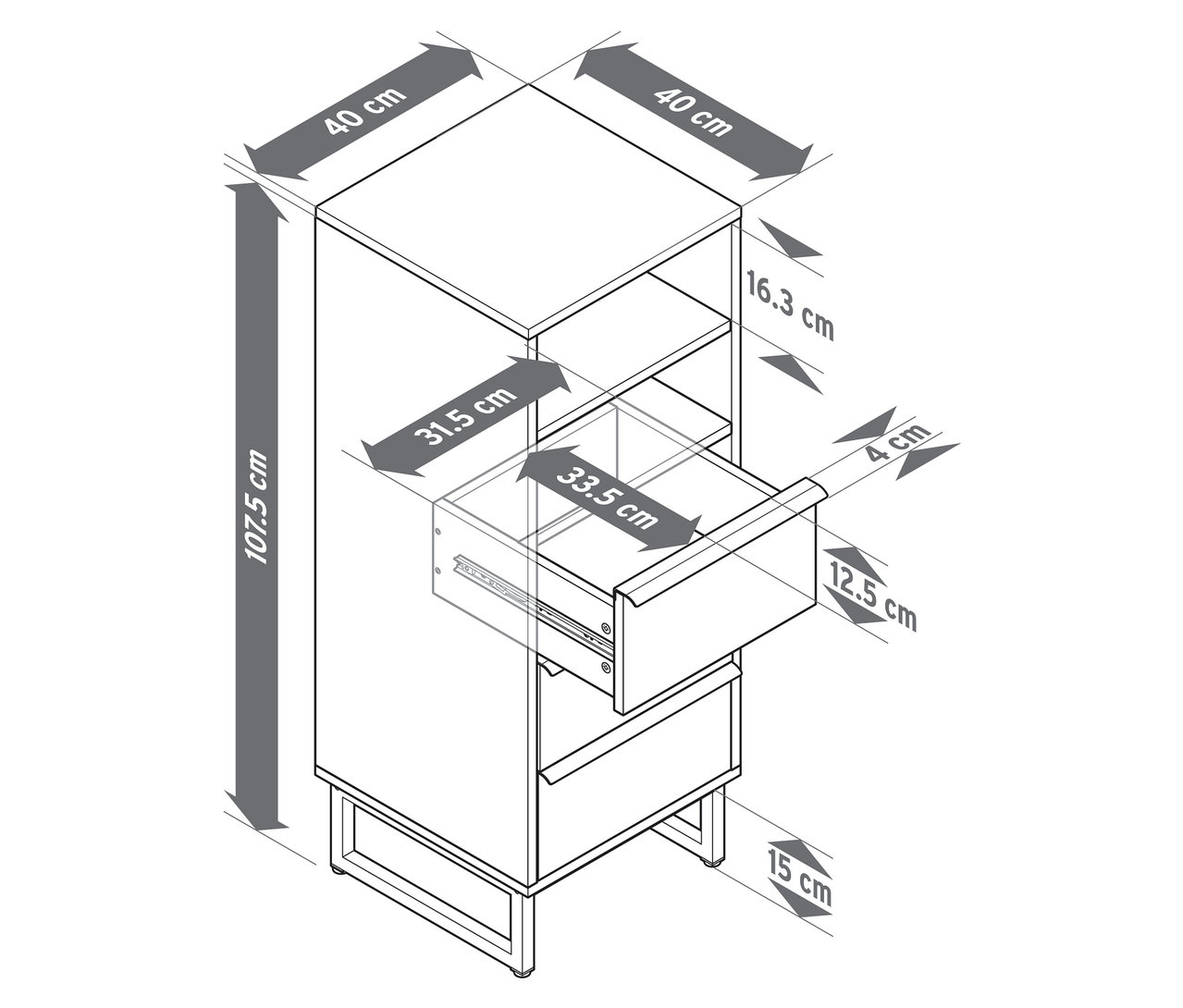 Ilustracja komody „LEEG” z 3 szufladami, zawierająca wymiary.