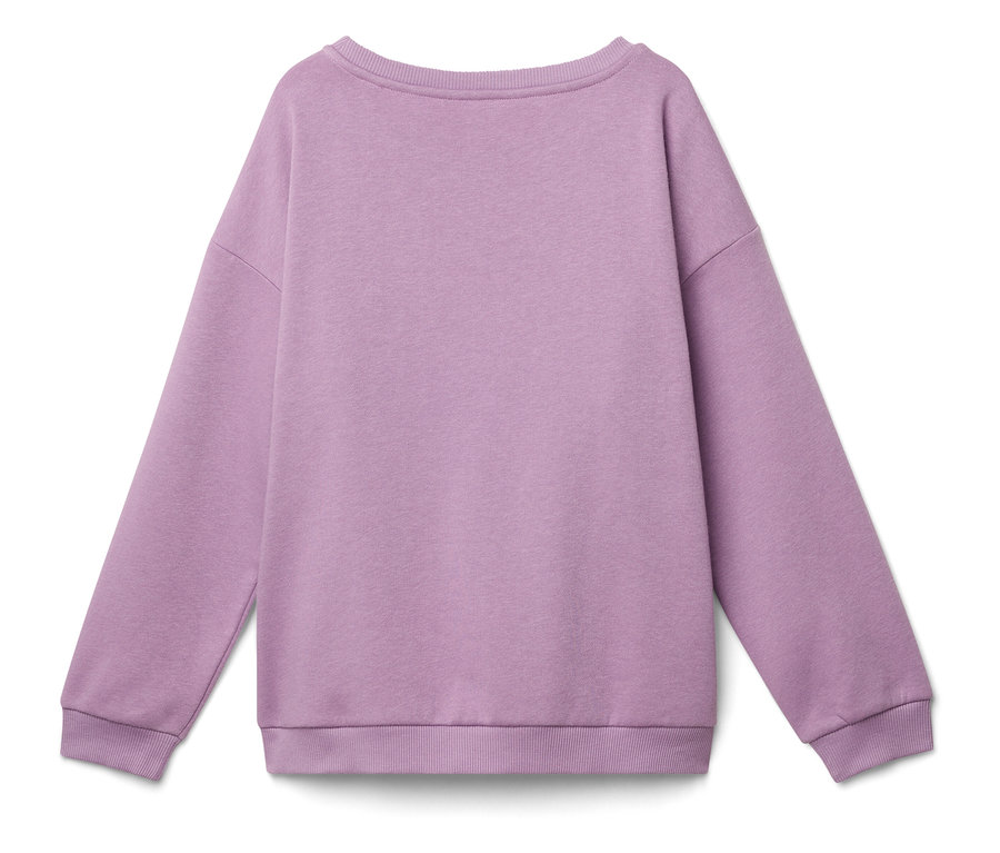 Tył fioletowej bluzy z długimi rękawami.