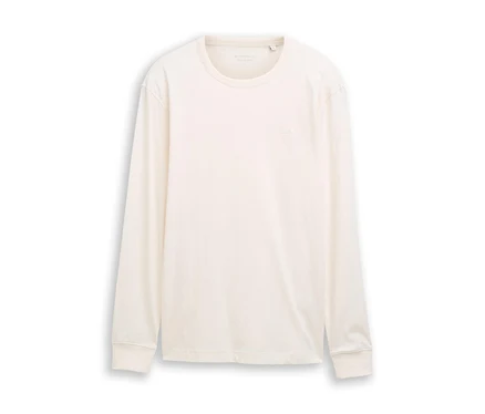 Koszulka z długim rękawem Tom Tailor Basic w kolorze Gardenia White, z okrągłym dekoltem i długimi rękawami, leży płasko na białym tle.