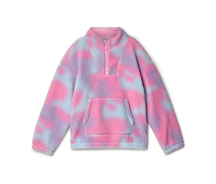 Różowy, fioletowy i jasnoniebieski polarowy pulower tie-dye z zamkiem błyskawicznym do połowy i przednią kieszenią kangurką.
