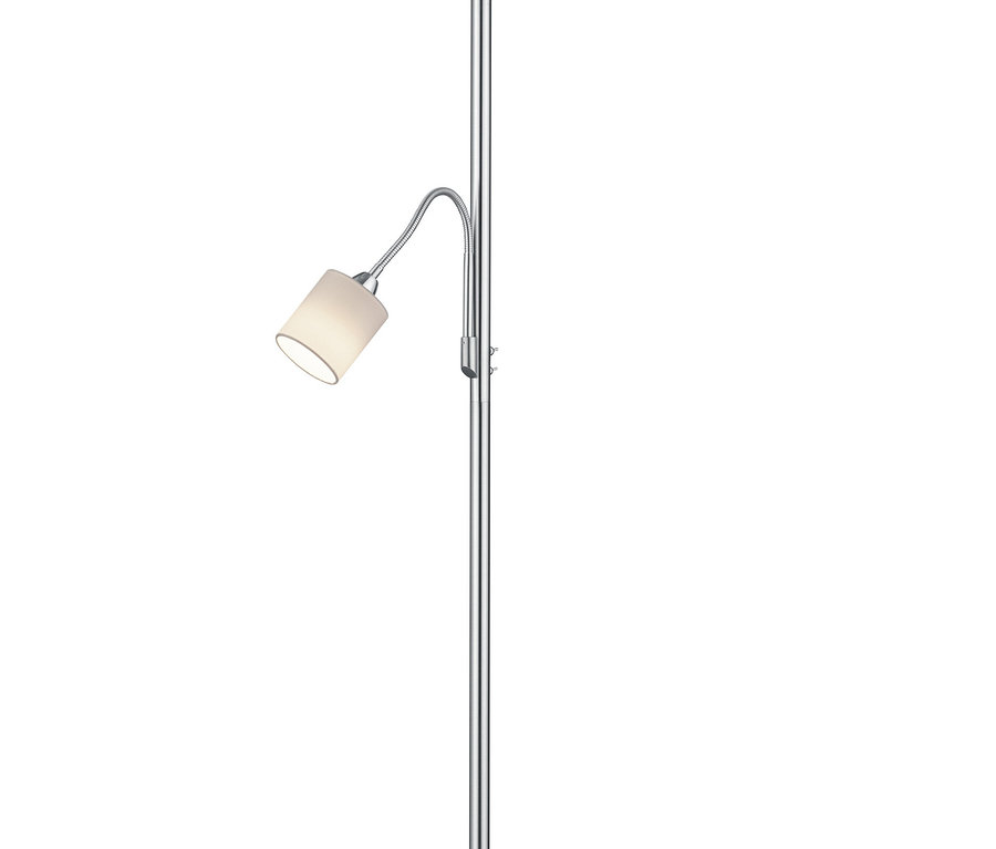 Lampa podłogowa ze srebrną podstawą, dużym białym abażurem i mniejszą, regulowaną lampką do czytania.