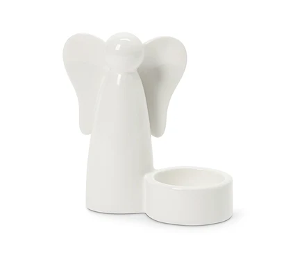 Biały ceramiczny anioł ze świecznikiem na tealight, z okrągłą głową, stożkowym korpusem i skrzydłami.