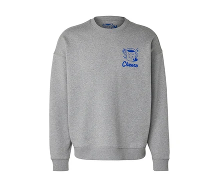 Szara bluza Unisex Coffee Crew z niebieskim nadrukiem filiżanki kawy i napisem Cheers.