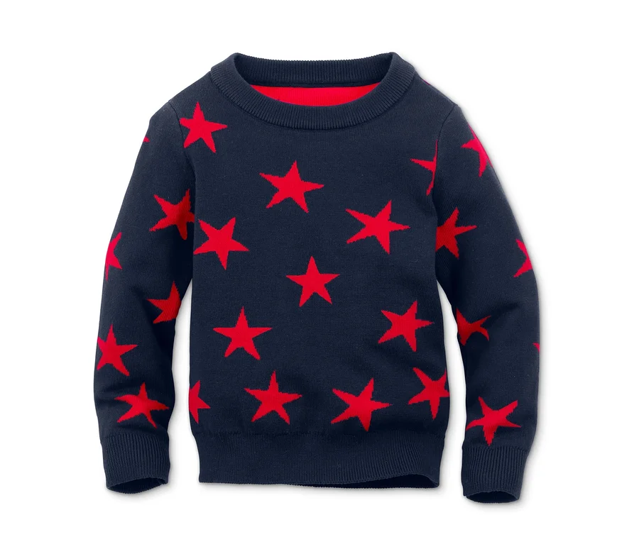 Granatowy sweter z delikatnej dzianiny w czerwone gwiazdy.