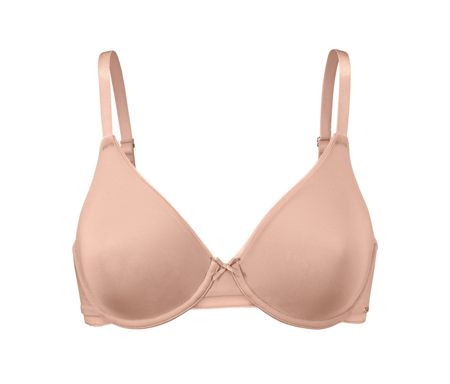 Beżowy biustonosz na fiszbinach modelujący dekolt.