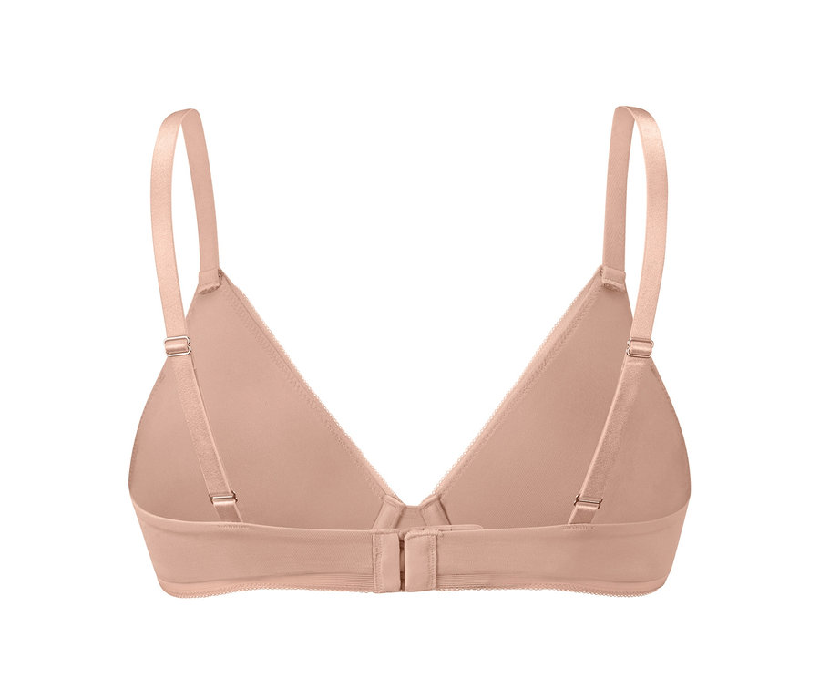 Widok z tyłu na beżowy biustonosz na fiszbinach z regulowanymi ramiączkami.