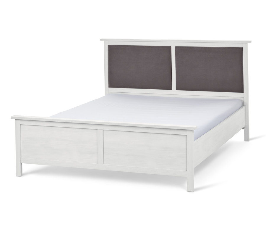 Białe łóżko z tapicerowanym zagłówkiem z dwoma szarymi prostokątami, ok. 180 x 200 cm.