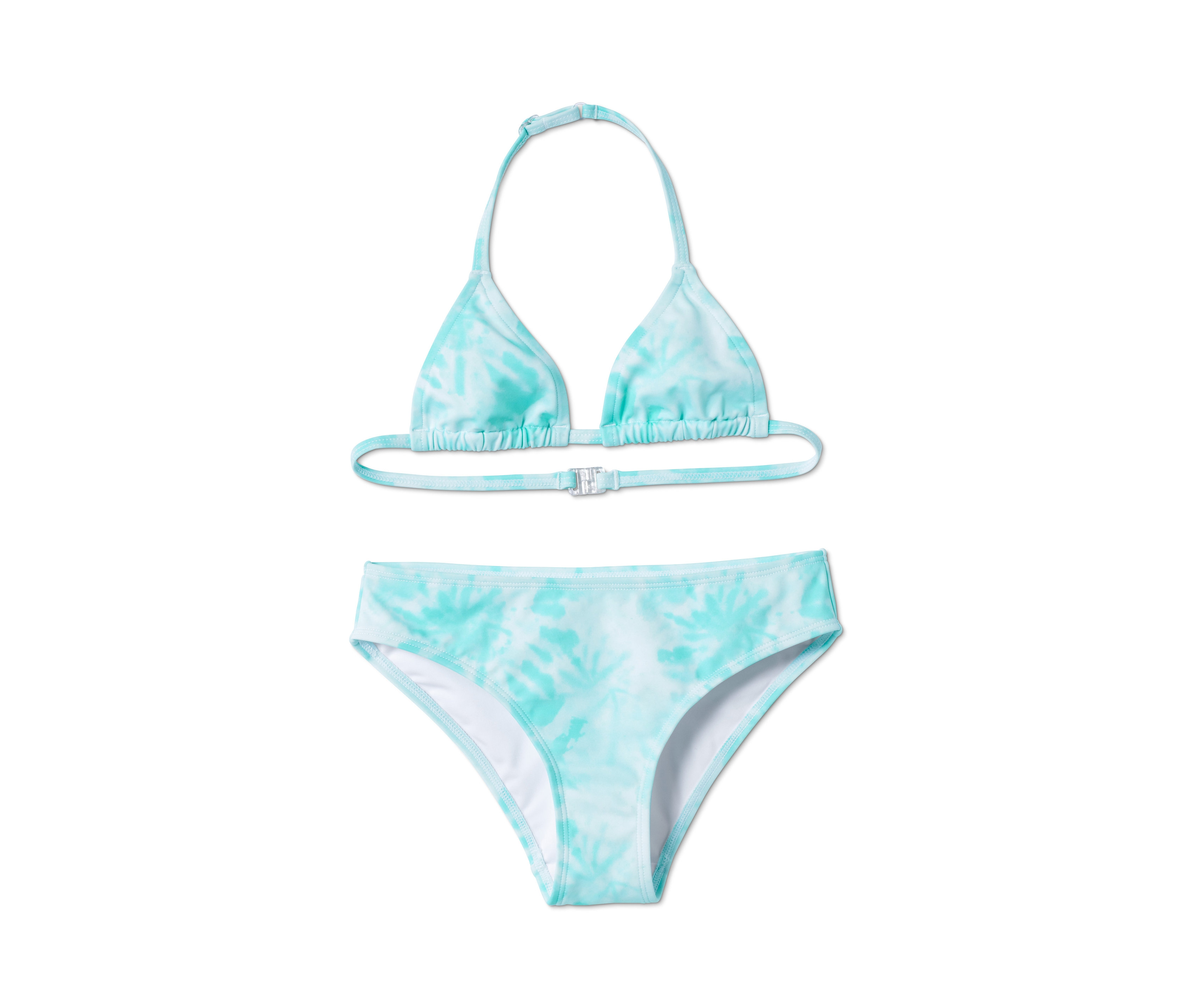 Dwuczęściowy bikini z turkusowym wzorem tie-dye, wykonany z materiału pochodzącego z recyklingu.