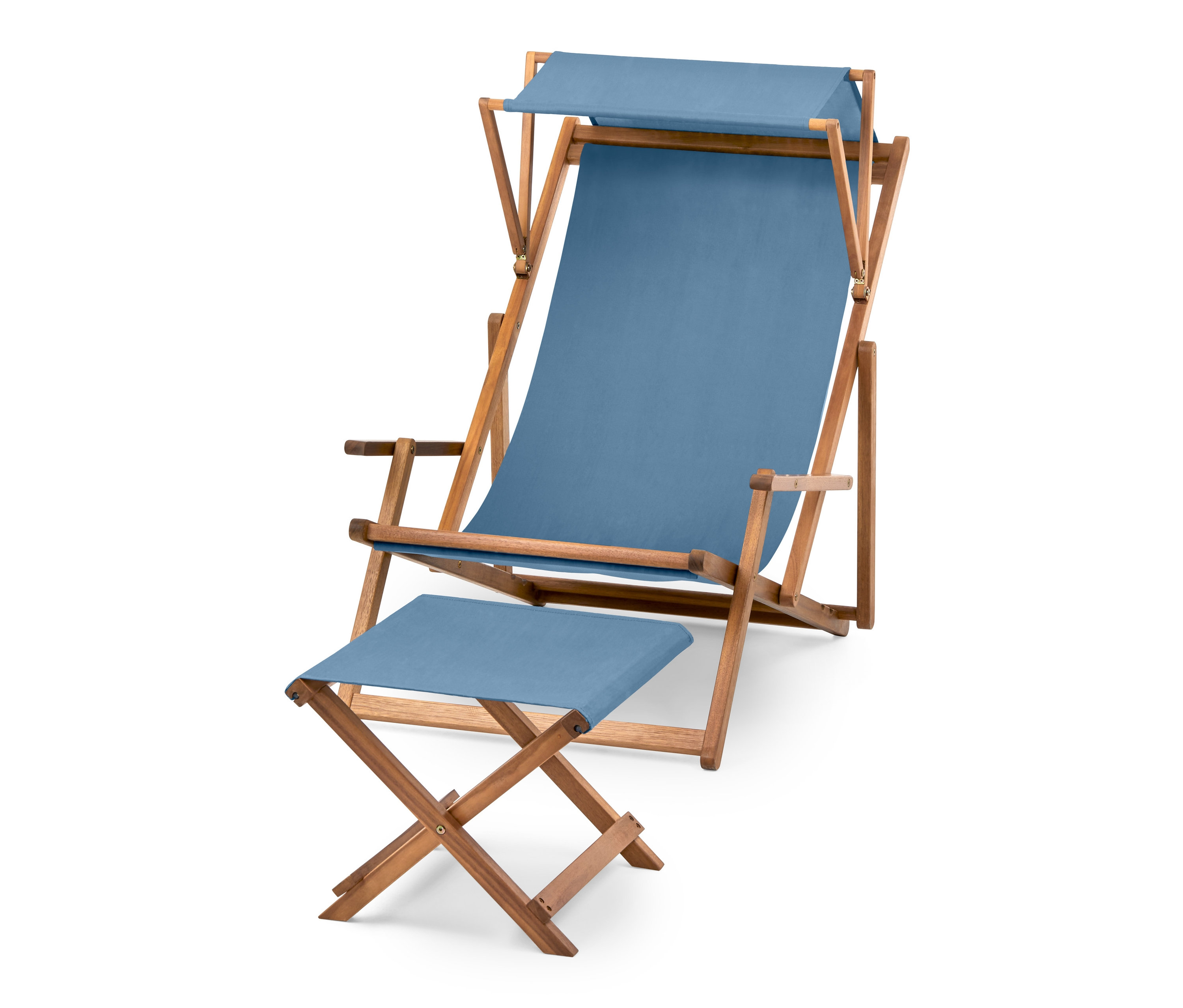 Niebieski leżak z dachem i stołkiem.