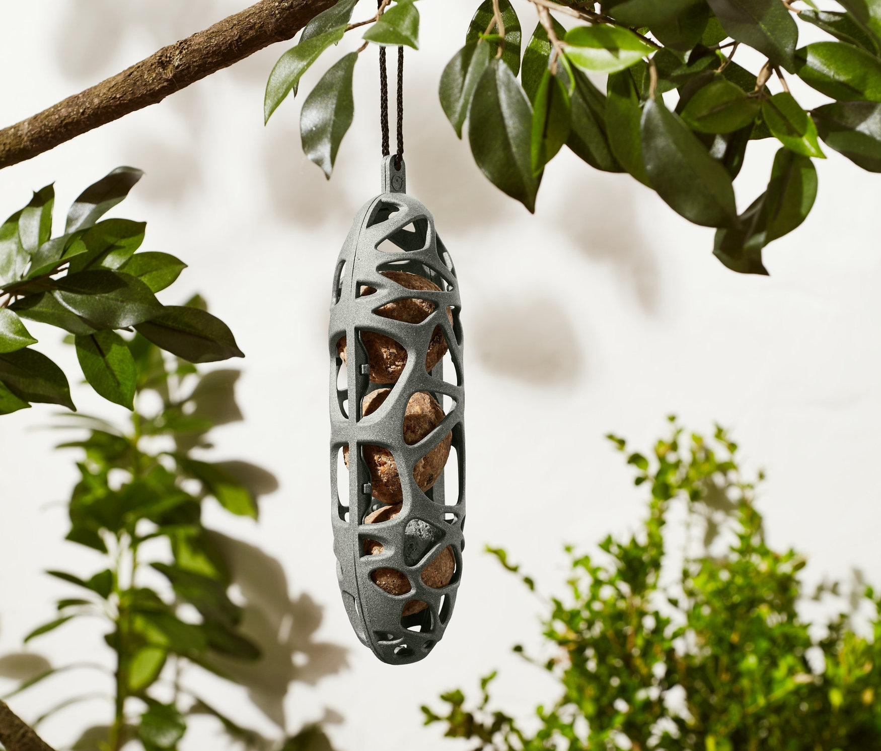 Szary uchwyt na pokarm dla ptaków wiszący na gałęzi drzewa.