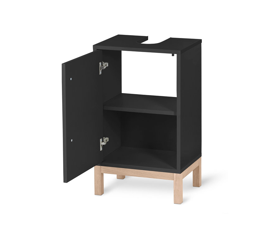 Antracytowa mała szafka pod umywalkę »Eklund« z otwartymi drzwiami.