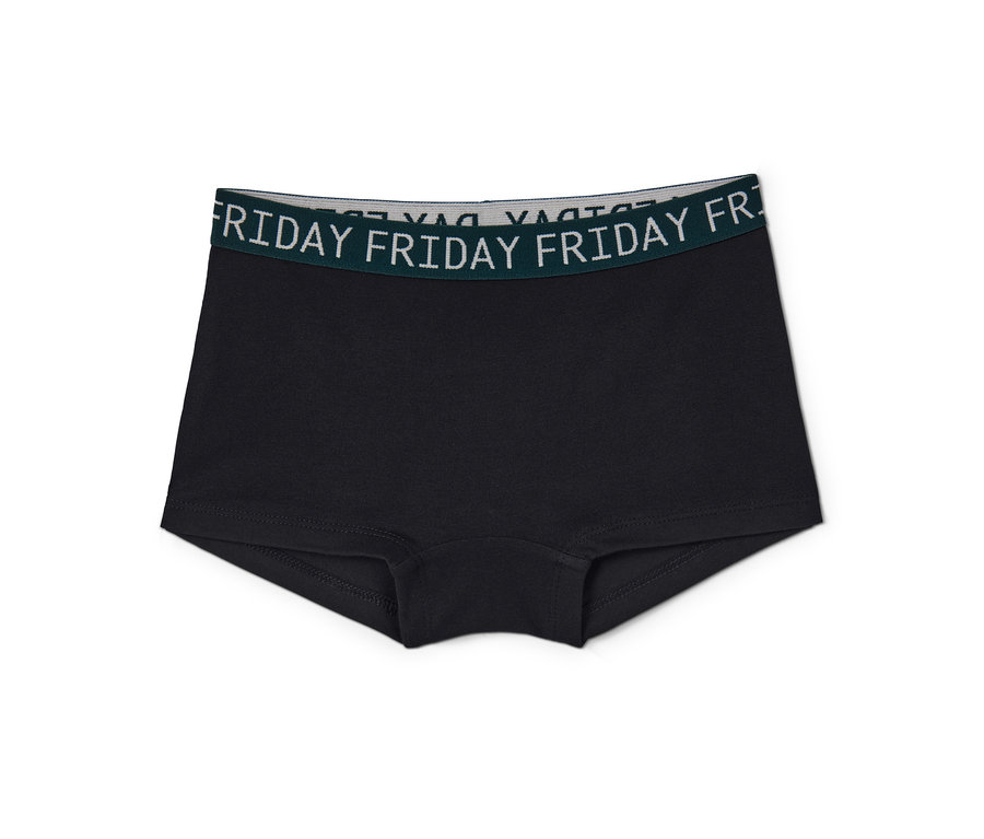 Czarne figi dziewczęce, 7 par, z zielonym wykończeniem i napisem FRIDAY.