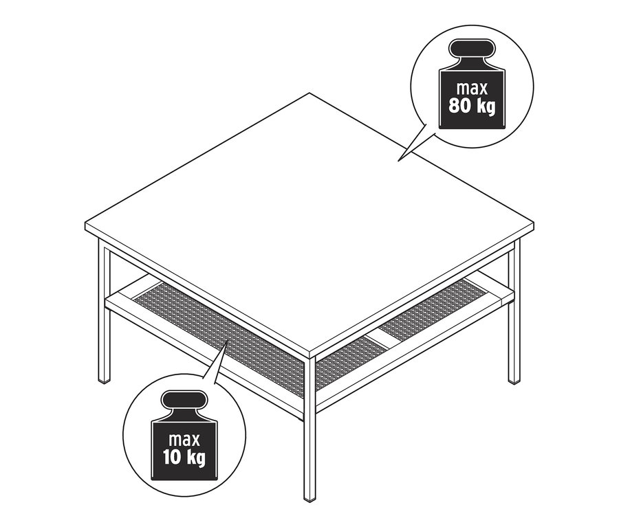 Ilustracja stolika do kawy z plecionką o maksymalnej nośności 80 kg na górze i 10 kg na dolnej półce.
