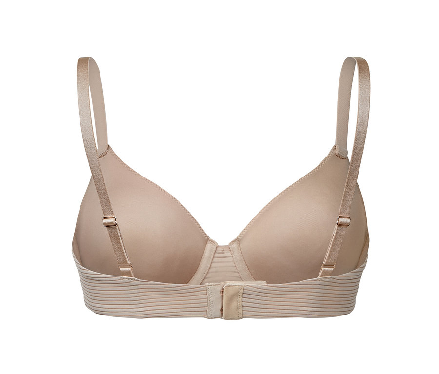 Beżowy biustonosz z fiszbinami, widok z tyłu.