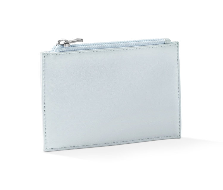 Jasnoniebieska portmonetka z zamkiem błyskawicznym.
