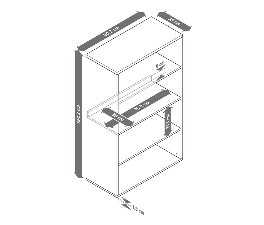 Wymiary otwartej półki to 134,3 cm wysokości, 80,2 cm szerokości i 38 cm głębokości.