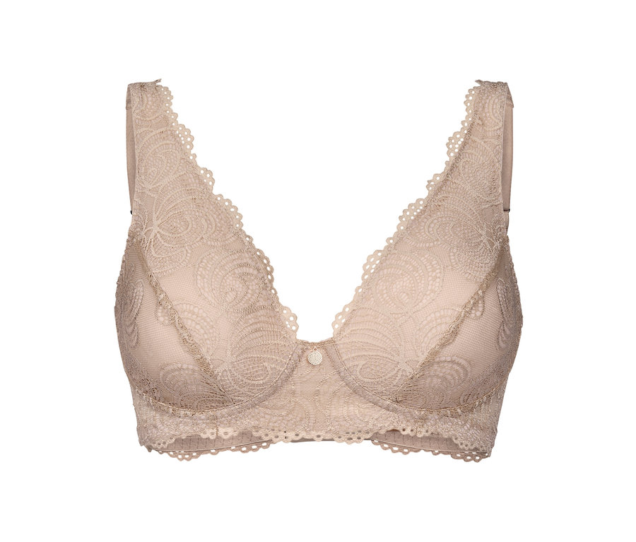 Beżowy biustonosz koronkowy na białym tle.