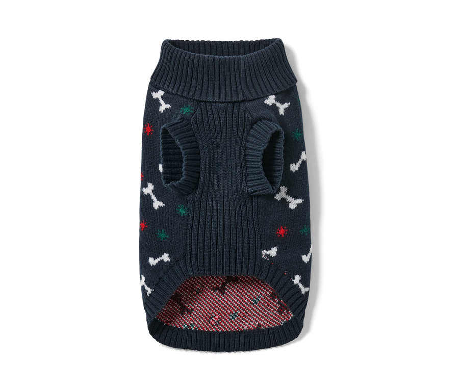 Granatowy sweter dla psa we wzory z kości i motywami świątecznymi.