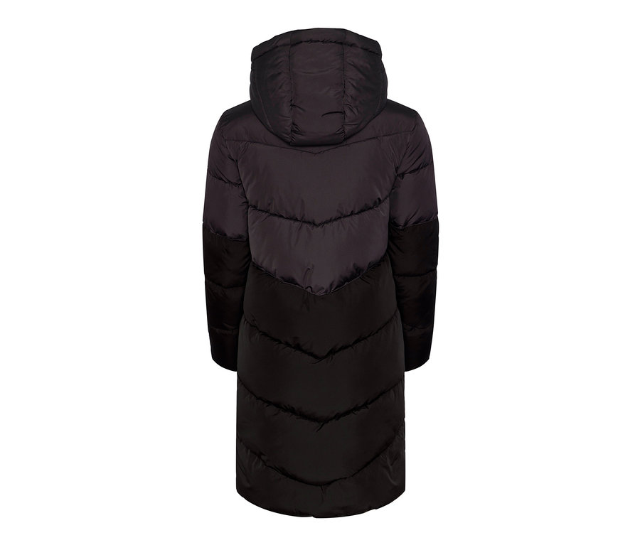 Widok z tyłu płaszcza pikowanego z kapturem.