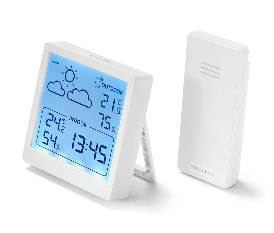 Dwie białe stacje pogodowe pokazują temperaturę i wilgotność.