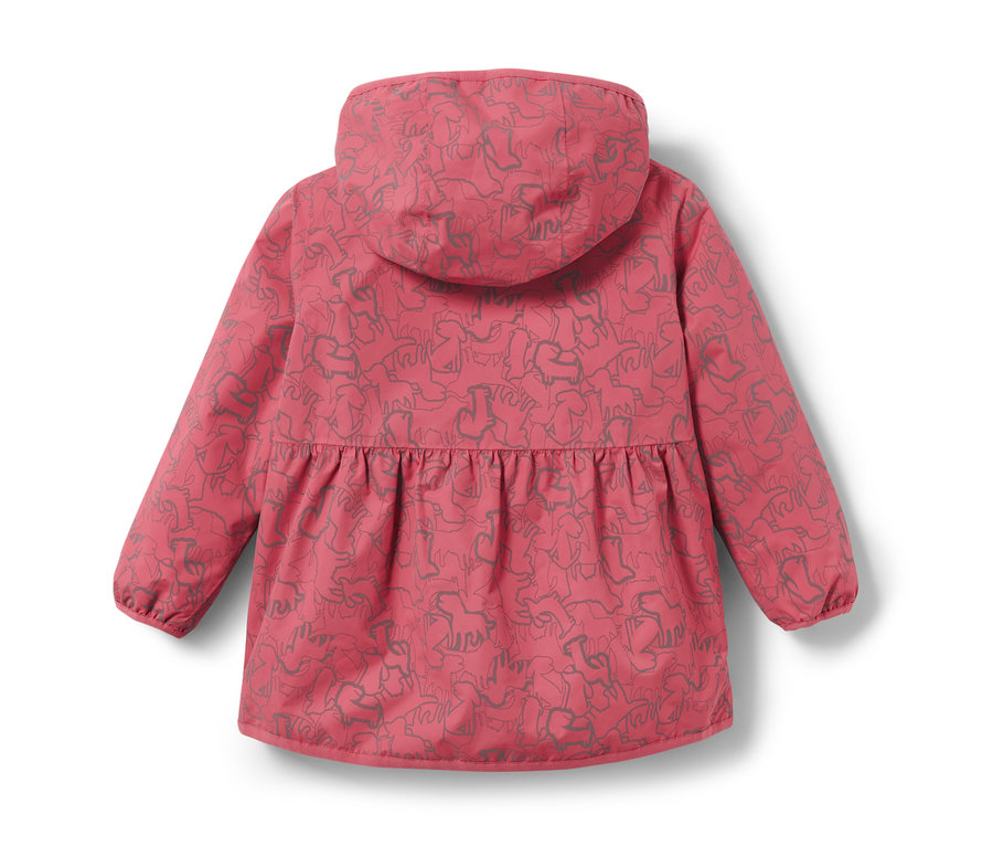 Różowa dziecięca termoaktywna kurtka przeciwdeszczowa z elementami odblaskowymi, widok z tyłu.