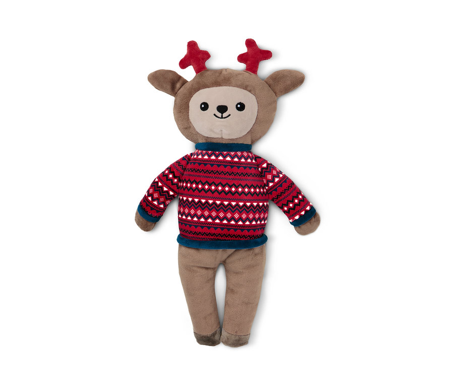 Pluszowa zabawka dla psa „łoś” leży na białym tle.