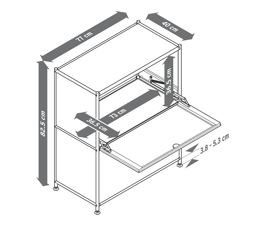 Wymiary metalowej szafki typu sideboard „CN3” z 2 klapami.