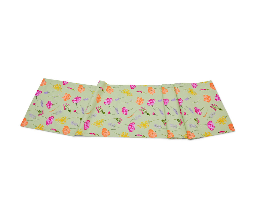 Bieżnik szałwiowy z kwiatowym nadrukiem.