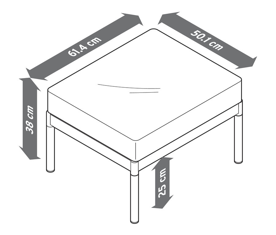 Rysunek kwadratowej części mebli Elin o wymiarach 61,4 cm, 50,1 cm, 38 cm i 25 cm.