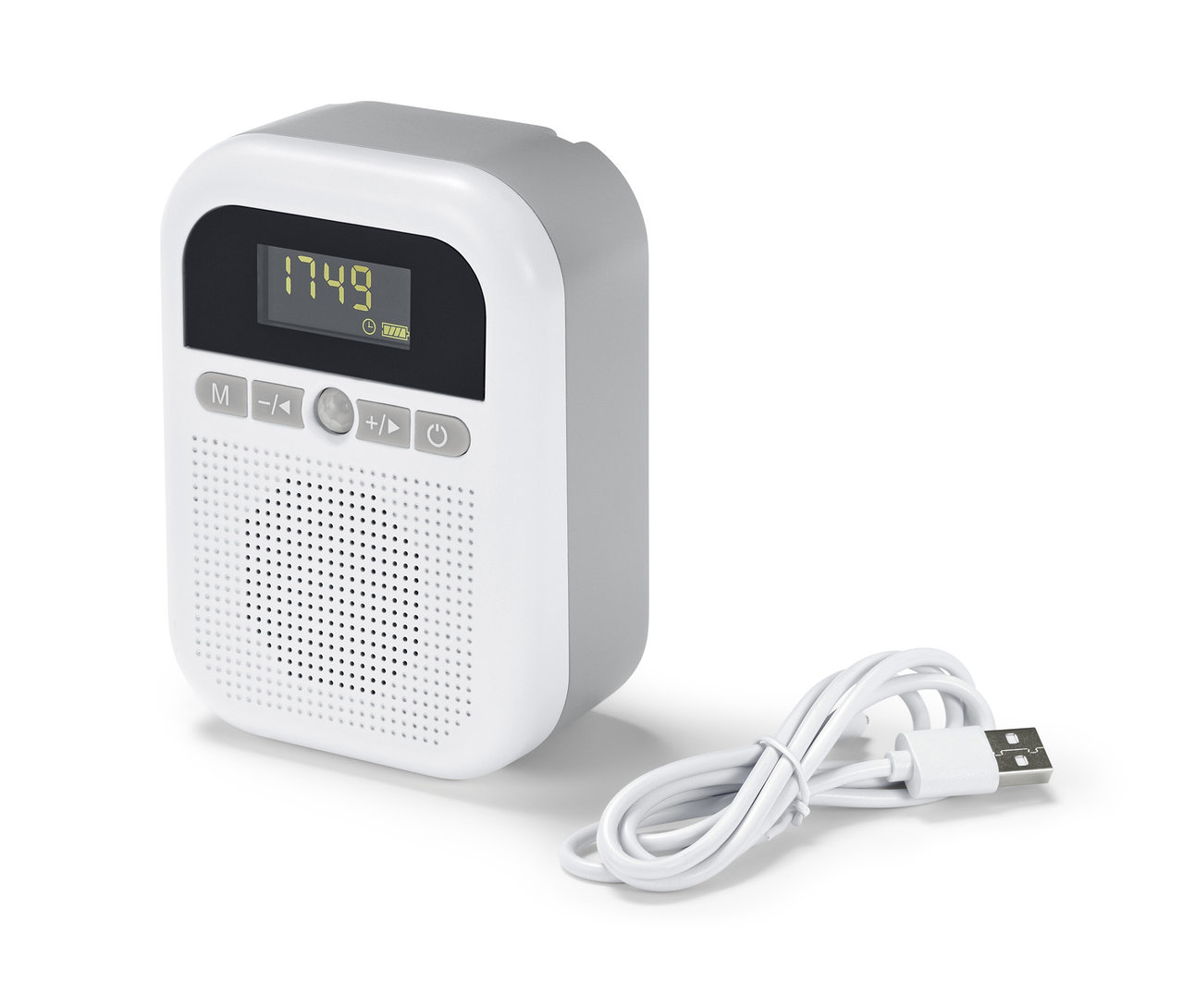 Szare radio łazienkowe z białym przodem i kablem USB.